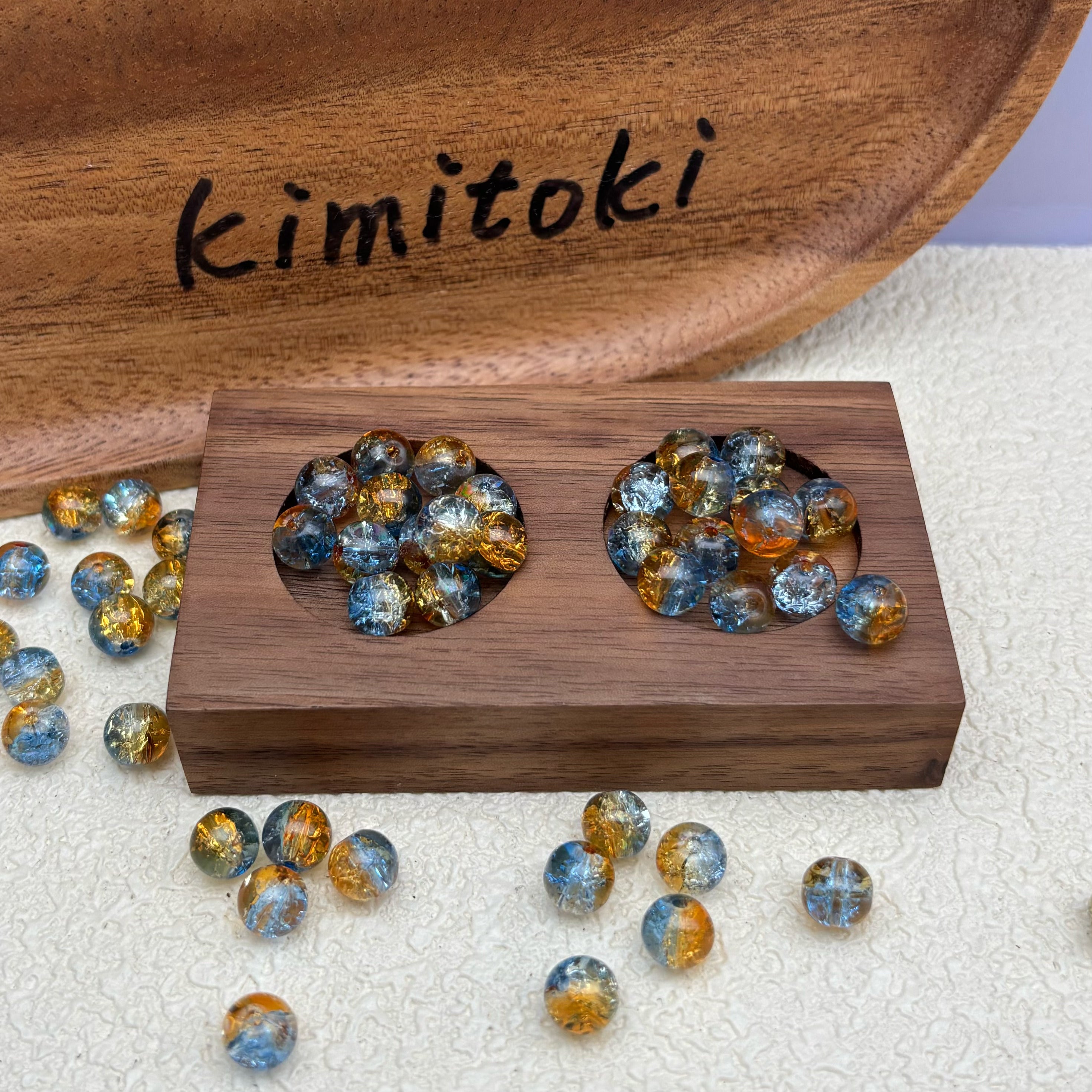 8mm | オレンジ x アクアブルークリアクラックビーズ