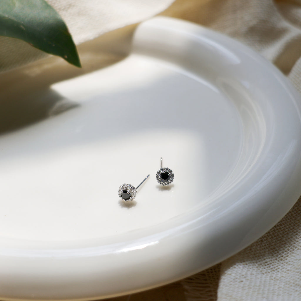 天然パール＆黒曜石 ピアス｜花冠サークルデザイン×ジルコニア｜925純銀 シルバー