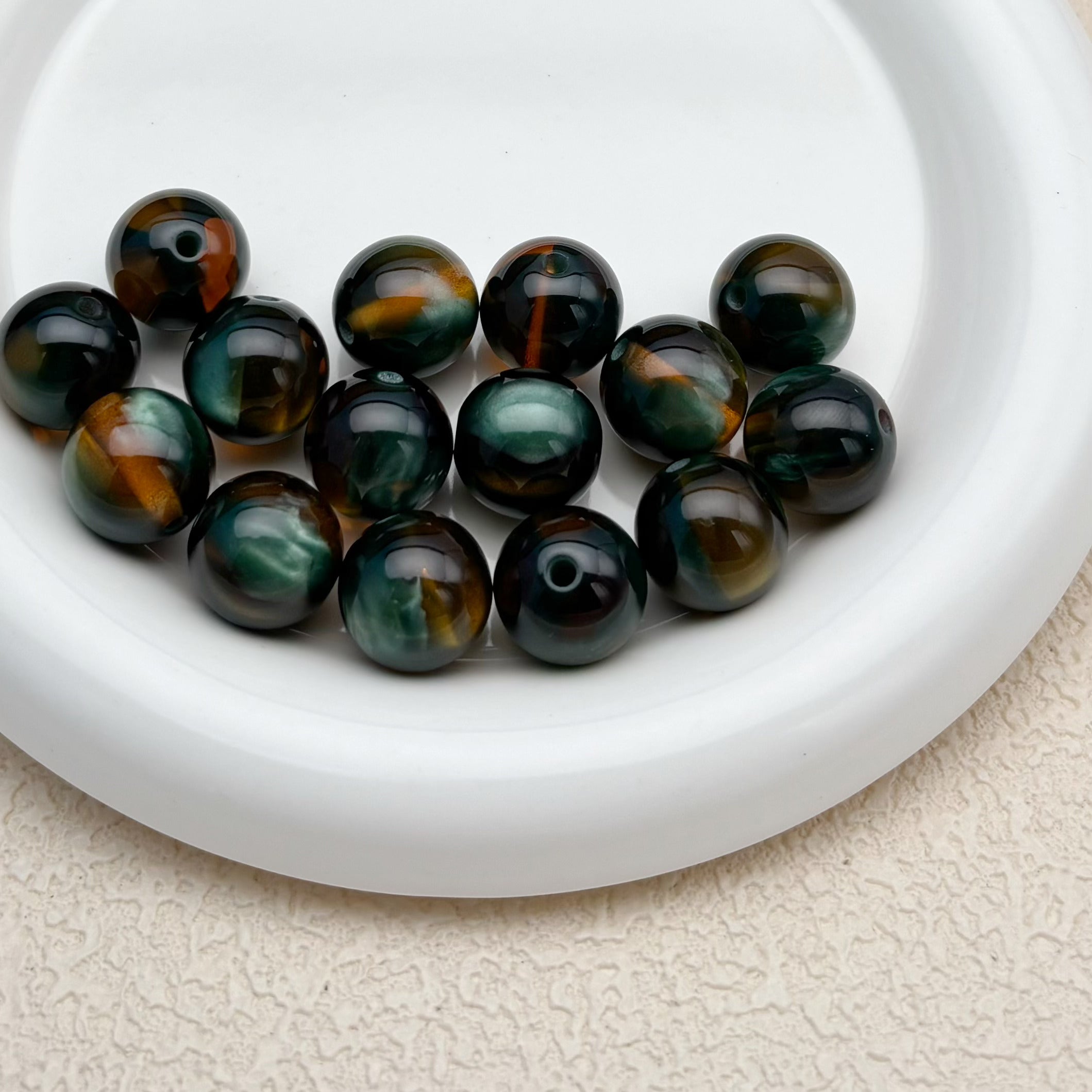 16mm | ディープグリーン x キャラメルキャッツアイビーズ