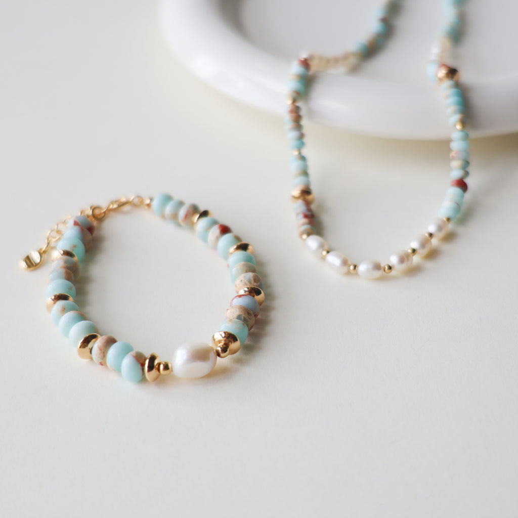 時を刻む石 |  S925 寿山石×パール ブレスレット＆ネックレスセット 14KGF