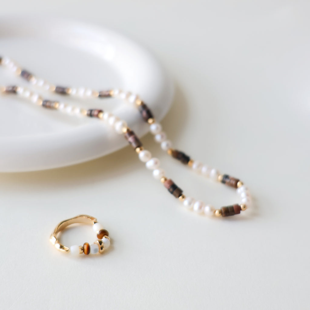 月影の記憶 | S925 パールとインカローズのリング＆ネックレスセット 14KGF