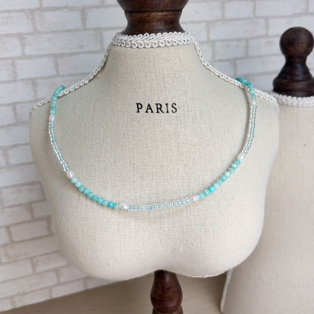 パール x シェルシードビーズ爽やか２連風ネックレス