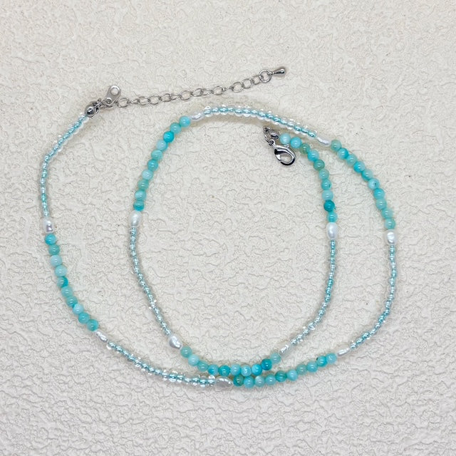 パール x シェルシードビーズ爽やか２連風ネックレス